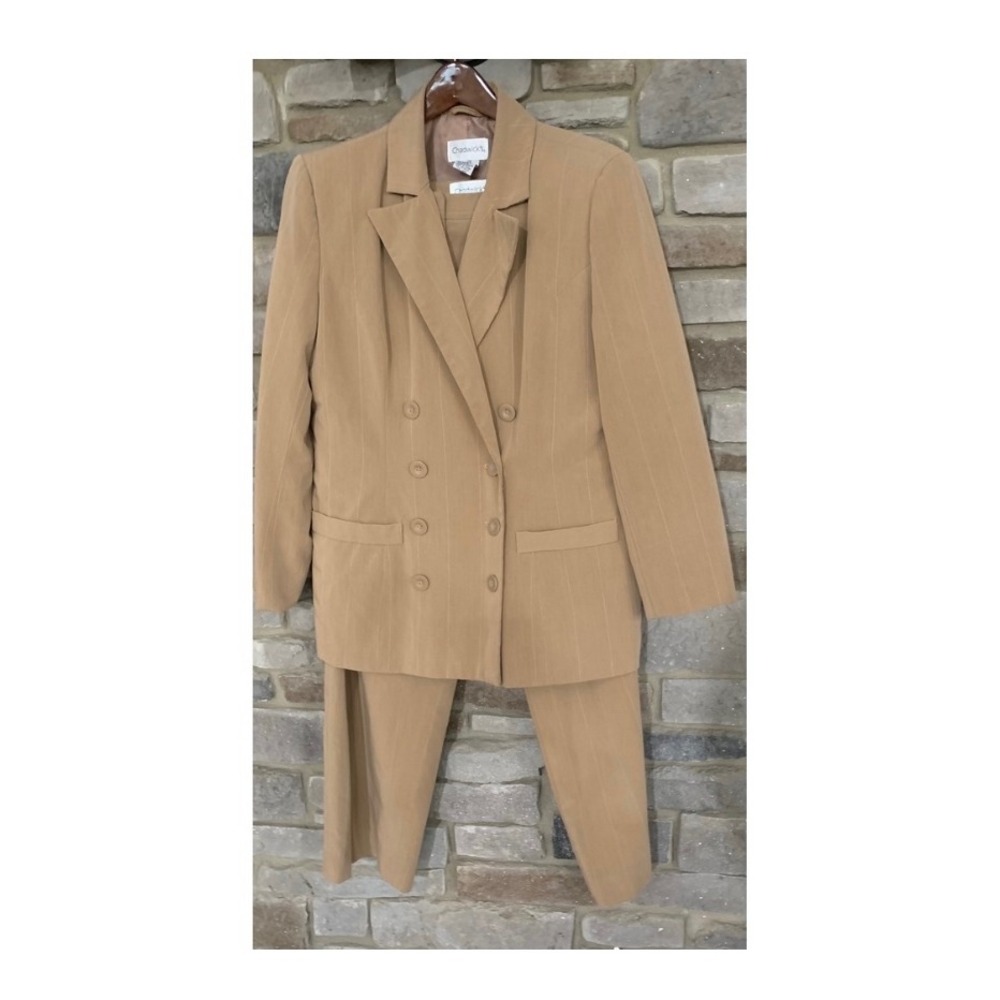 Chadwick's Vintage 2PC Pant Suit Tan Pinstripe 12P Retro Y2K Dark Academia 90s